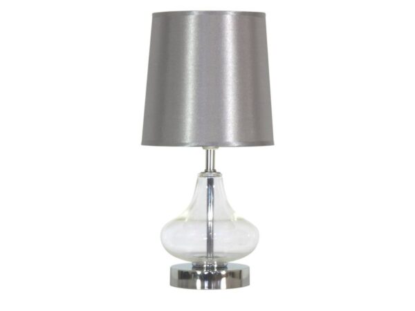 Lampa stołowa Delatio ze srebrzystym abażurem i przezroczystą szklaną podstawą