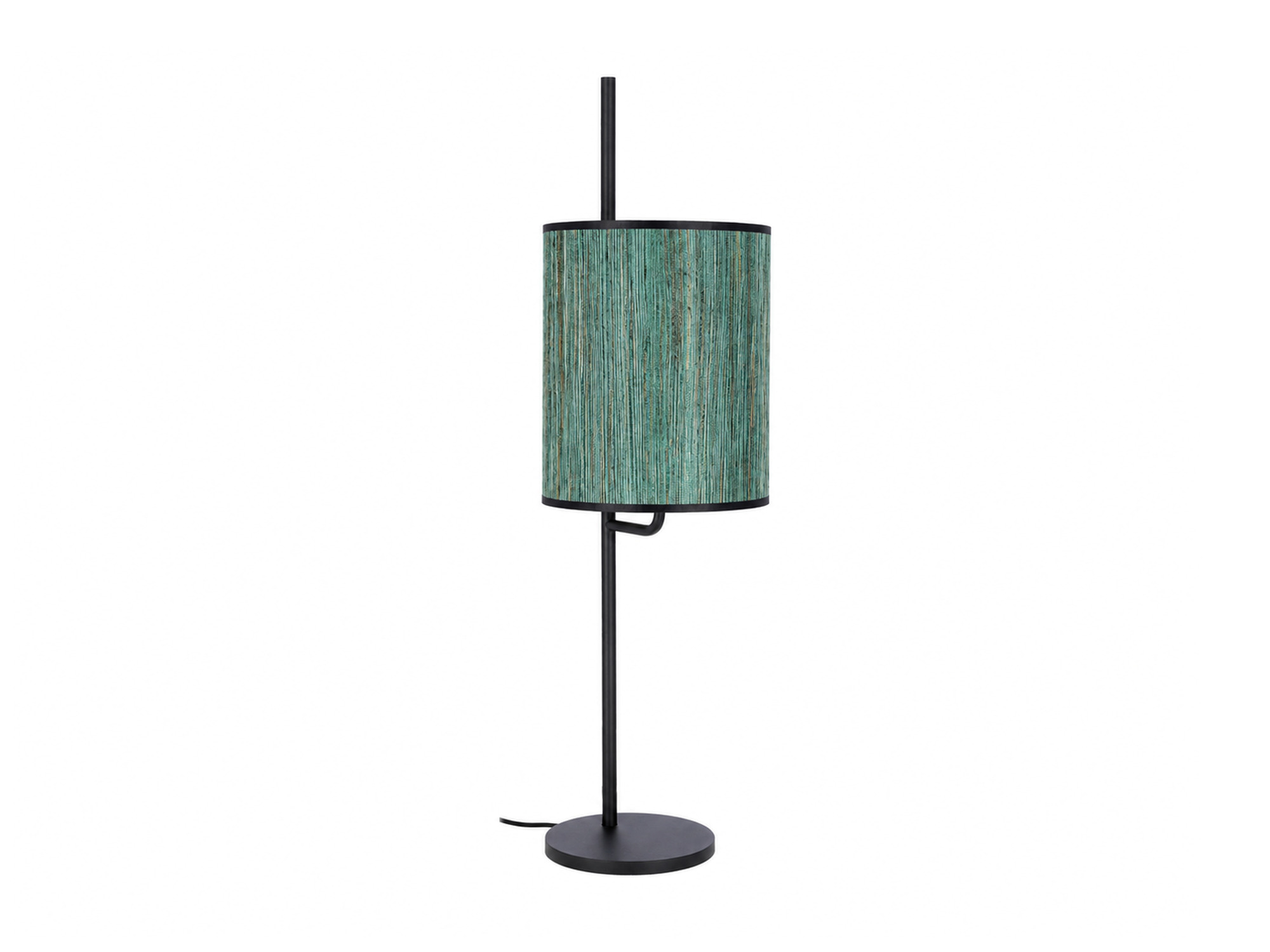 Lampa stołowa Doreneta czarna z cylindrycznym zielonym abażurem na białym tle