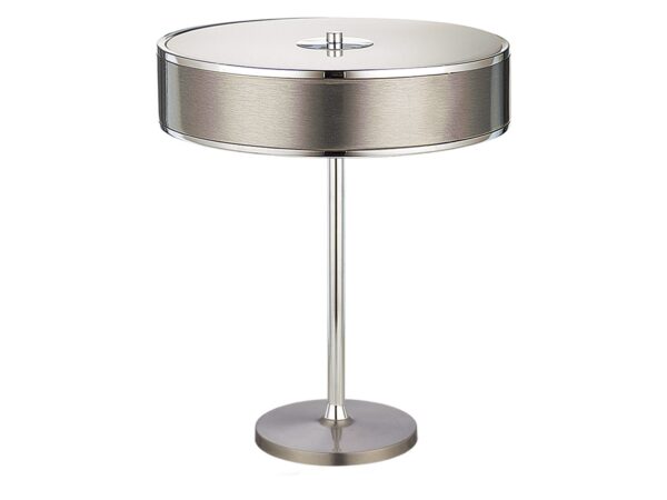 Lampa stołowa Jazz z chromowanym trzonem i srebrnym okrągłym abażurem