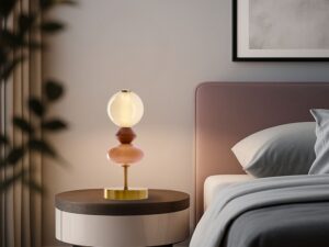 Miniaturka 1 - Lampka stołowa Kamesina na szafce nocnej przy łóżku z tapicerowanym zagłówkiem