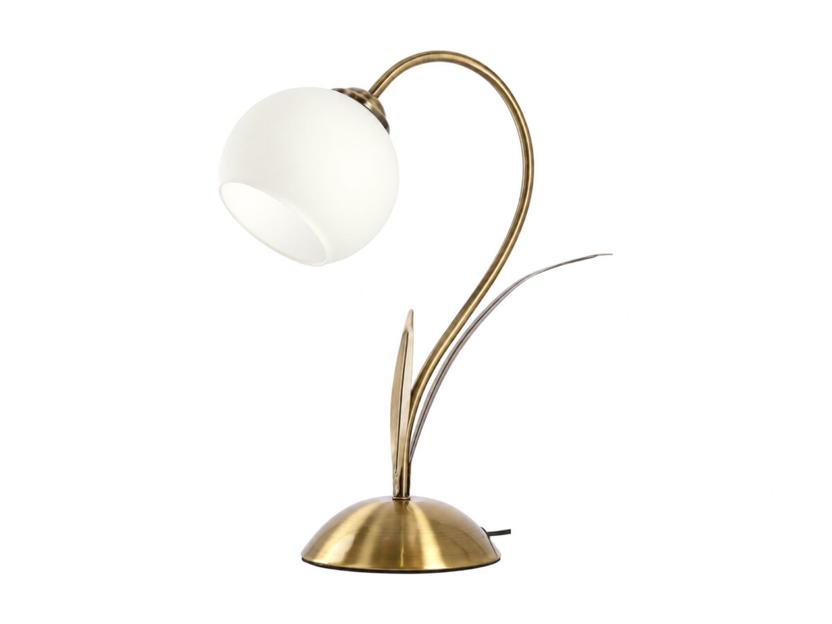 Lampa stołowa Kamivela z patynowaną podstawą i białym kloszem