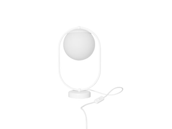 Biała lampa stołowa KOBAN ST z mleczną kulą w owalnej ramie, packshot