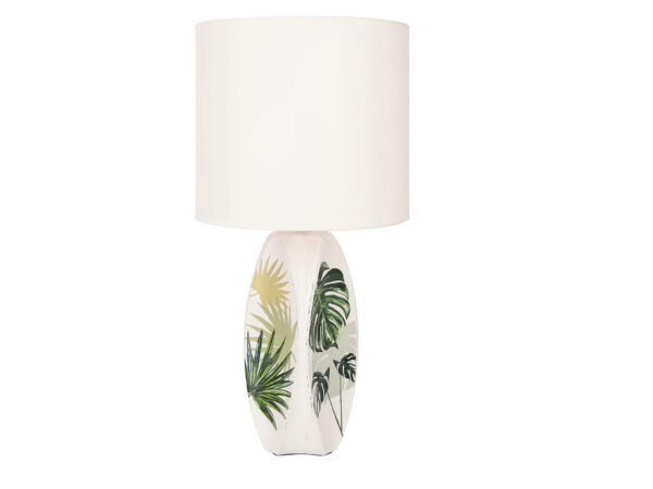 Lampa stołowa Koresira z ceramiczną podstawą zdobioną zielonymi liśćmi i jasnym abażurem