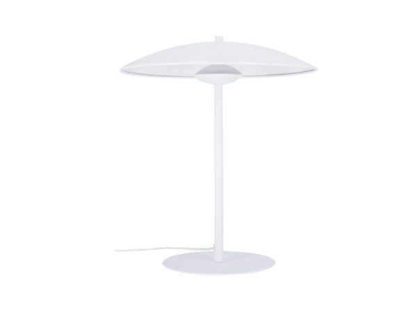 Biała lampa stołowa Levorio z szerokim talerzowym kloszem i okrągłą podstawą