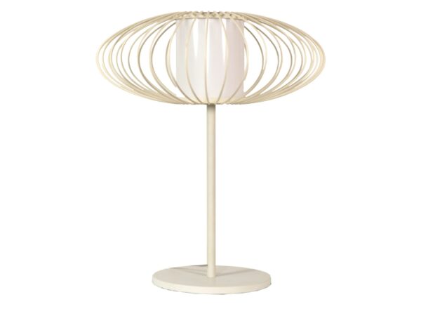 Biała lampa stołowa Lumivina z szeroką ażurową metalową osłoną
