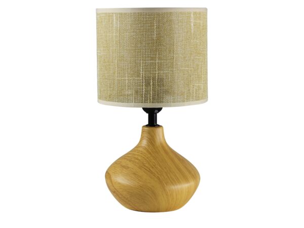 Lampa stołowa Malovino z ceramiczną podstawą o wyglądzie drewna i złotawym abażurem