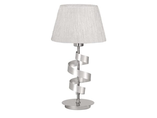 Lampa stołowa Moroma w chromie z białym abażurem, ujęcie produktowe