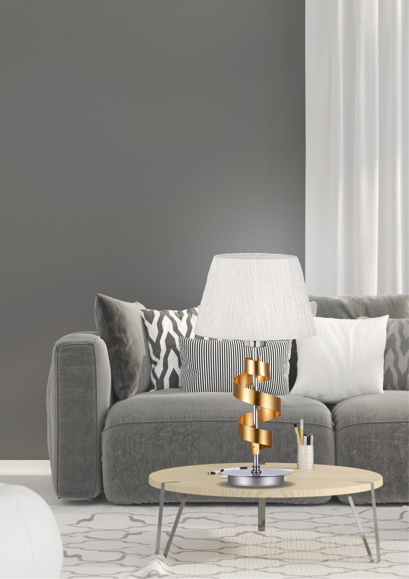 Lampa stołowa Moroma chromowo-złota w aranżacji wnętrza