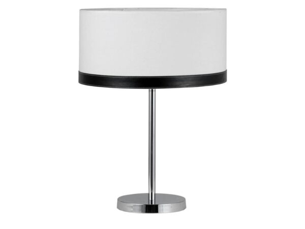 Lampa stołowa Morovela z chromowaną podstawą i białym abażurem z czarnym pasem