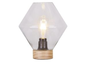 Miniaturka 2 - Lampa stołowa Neredano z przezroczystym geometrycznym szklanym kloszem i drewnianą podstawą