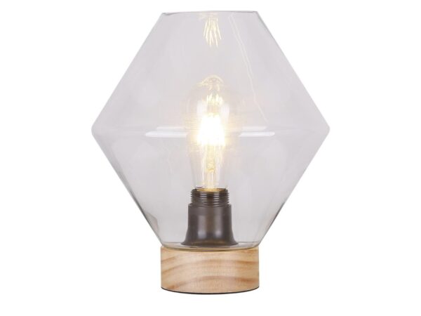 Lampa stołowa Neredano z przezroczystym geometrycznym szklanym kloszem i drewnianą podstawą