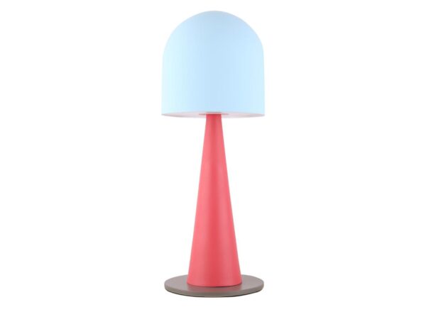 Lampa stołowa Nerivio z błękitnym kopułowym kloszem i czerwonym stożkowym trzonem