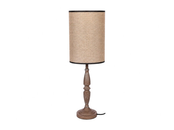 Lampa stołowa Omevio z cylindrycznym tkaninowym abażurem na białym tle