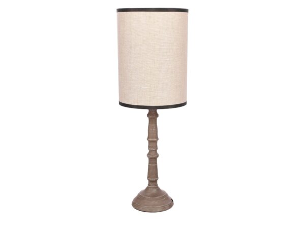 Lampa stołowa Omevio szara z jasnym lnianym abażurem na białym tle