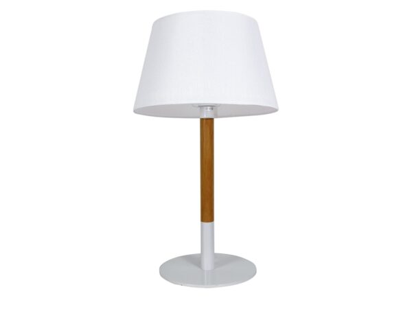 Lampa stołowa Omolina z białym abażurem i drewnianym detalem podstawy