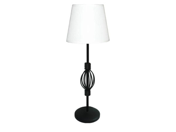 Lampa stołowa Peromia z białym abażurem i czarną stalową podstawą z ażurową dekoracją