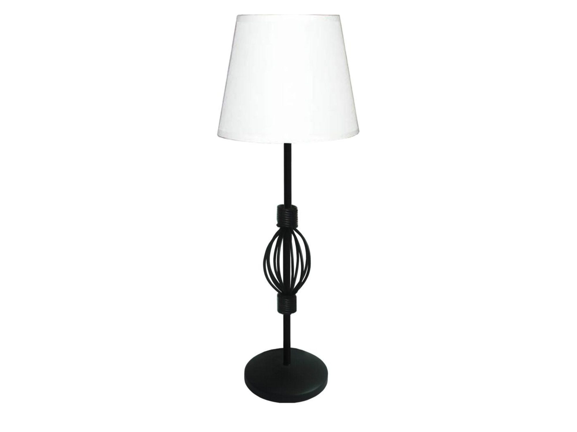 Lampa stołowa Peromia z białym abażurem i czarną stalową podstawą z ażurową dekoracją