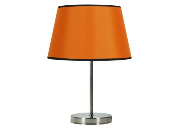 Pomarańczowa lampa stołowa Raleto ze stalową podstawą i tkaninowym abażurem