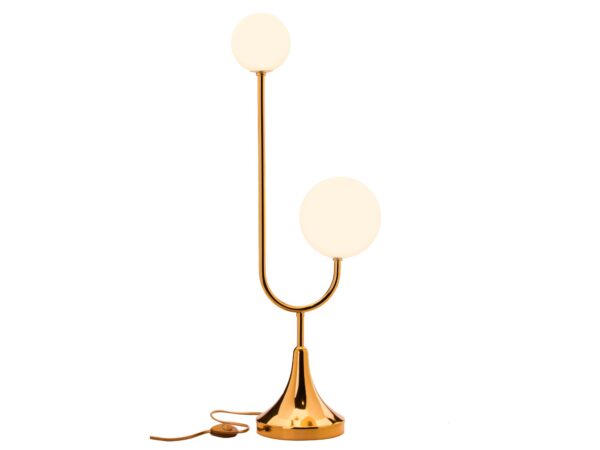 Złota lampa stołowa Selen z dwoma szklanymi kloszami
