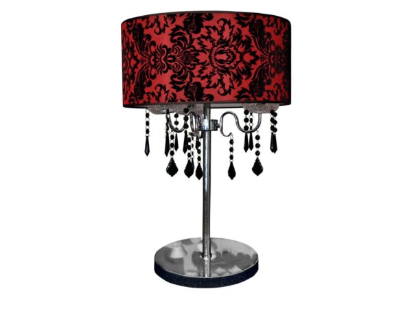 Lampa stołowa Seromio z czerwonym abażurem w czarny wzór i kryształkami, na białym tle