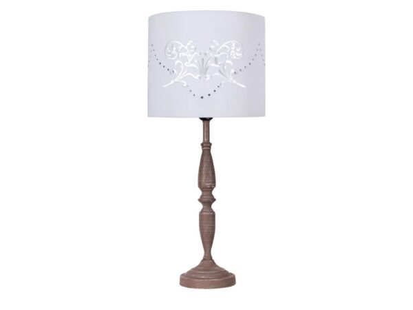 Lampa stołowa Silotino z białym ozdobnym abażurem i brązową profilowaną podstawą