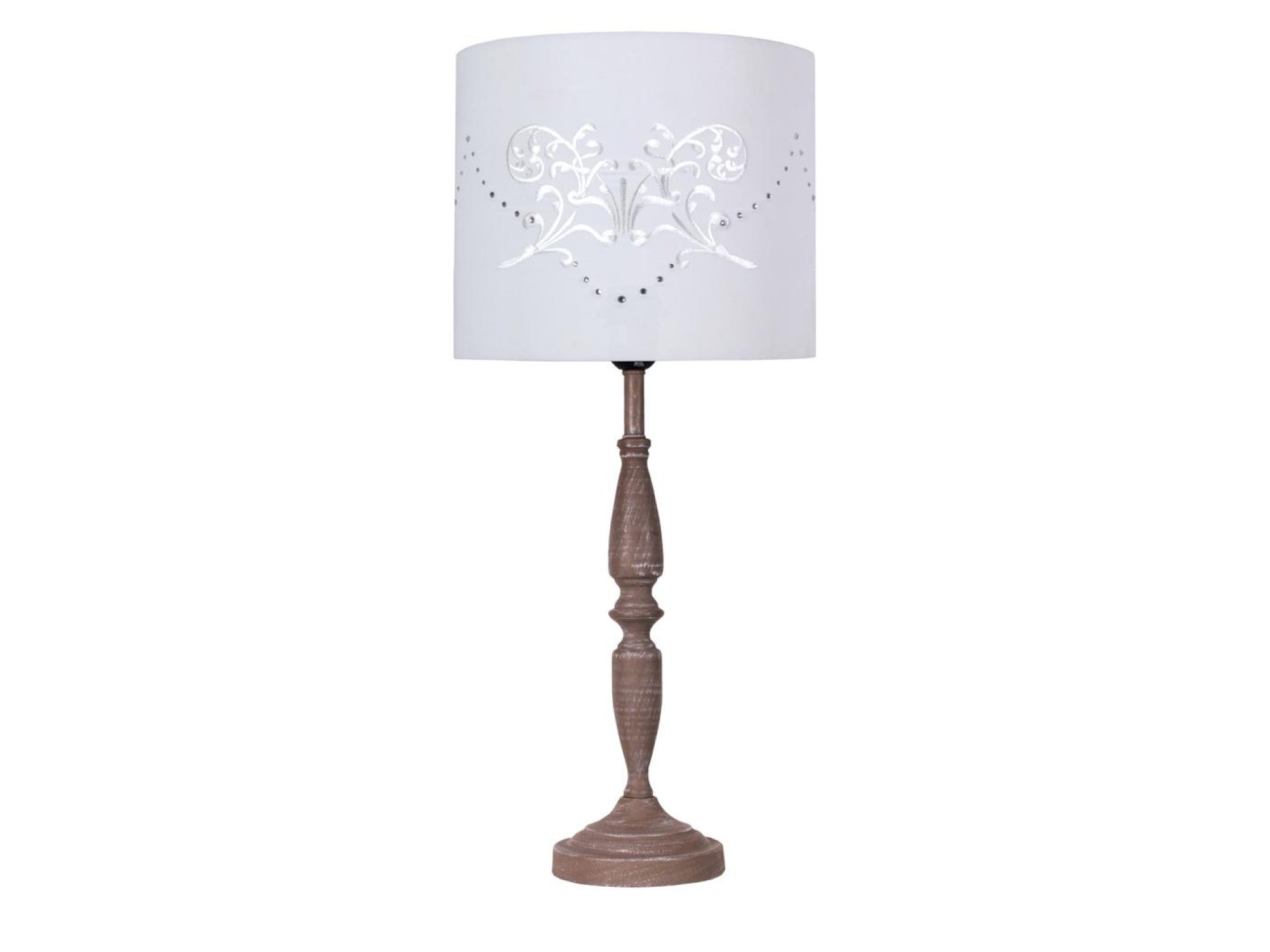 Lampa stołowa Silotino z białym ozdobnym abażurem i brązową profilowaną podstawą