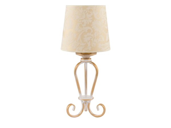 Lampa stołowa Sofia w złoto-białej kolorystyce z wzorzystym jasnym abażurem