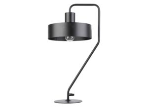 Miniaturka 1 - Czarna lampa stołowa Vasco z szerokim stalowym kloszem, wygiętym stojakiem i okrągłą podstawą