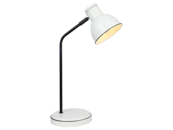 Lampa stołowa Veledira z białym kloszem, czarnym ramieniem i białą podstawą