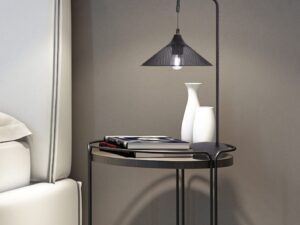 Miniaturka 1 - Czarna lampa stołowa Veleria na stoliku nocnym przy łóżku