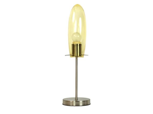 Smukła lampa stołowa Venedo z żółtawym szklanym kloszem i satynową metalową stopą