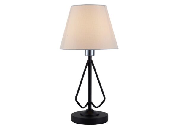 Lampa stołowa Voloreta z czarną metalową podstawą i białym tkaninowym abażurem