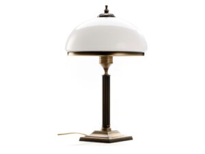 Miniaturka 4 - Lampa stołowa Zeus z białym półkulistym szklanym kloszem i patynowanym mosiężnym stelażem