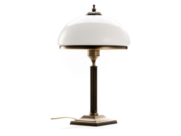 Lampa stołowa Zeus z białym półkulistym szklanym kloszem i patynowanym mosiężnym stelażem
