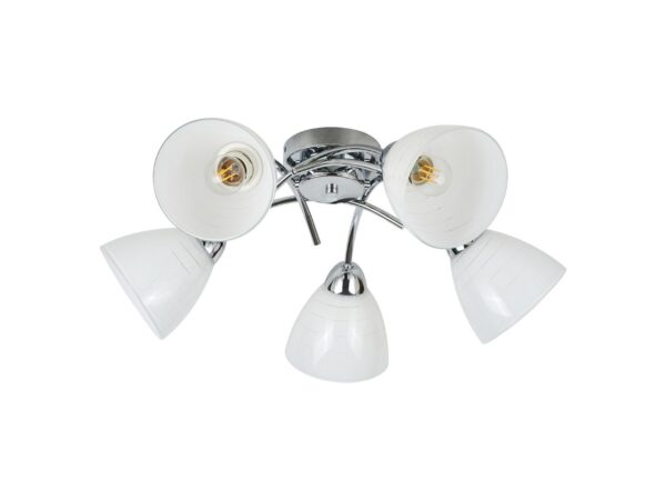Lampa sufitowa Alevena 5-punktowa chrom, pięć szklanych kloszy na białym tle