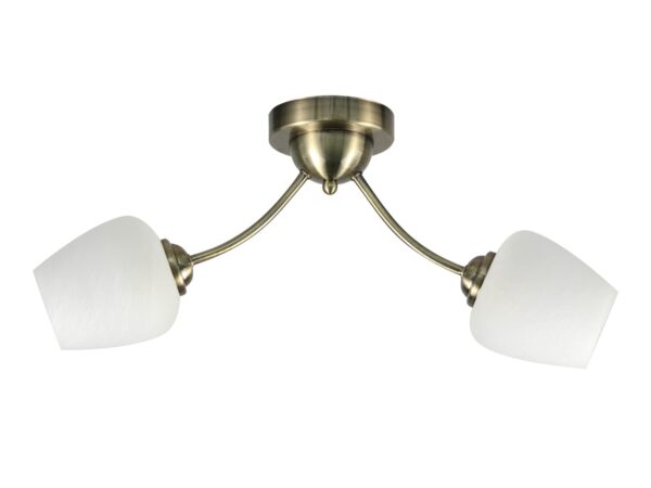 Lampa sufitowa Arinira z dwoma białymi szklanymi kloszami i patynową konstrukcją