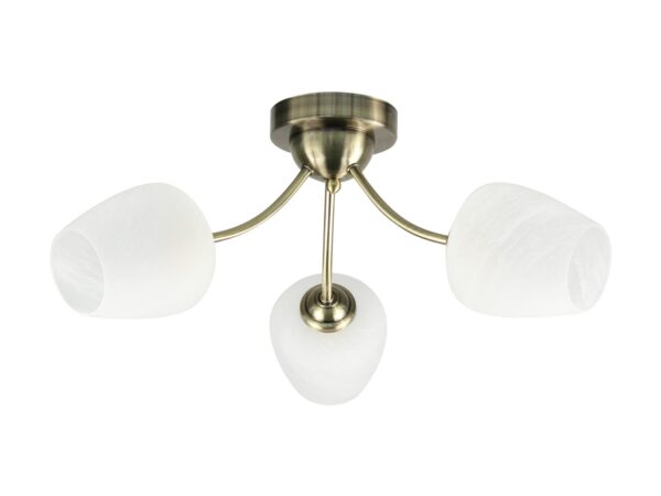 Lampa sufitowa Arinira z trzema białymi szklanymi kloszami i patynową konstrukcją