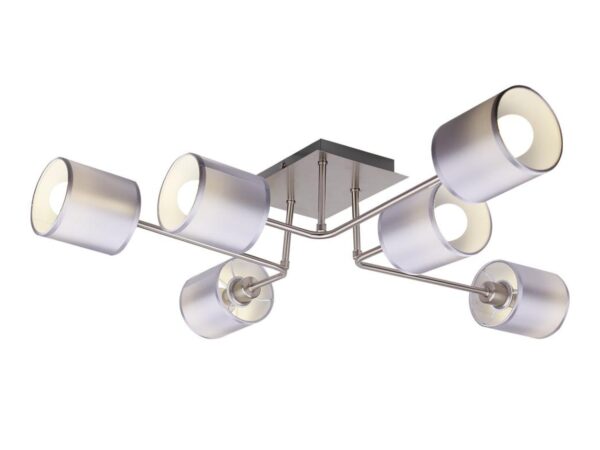 Lampa sufitowa Astemona z sześcioma cylindrycznymi abażurami i satynowym stelażem