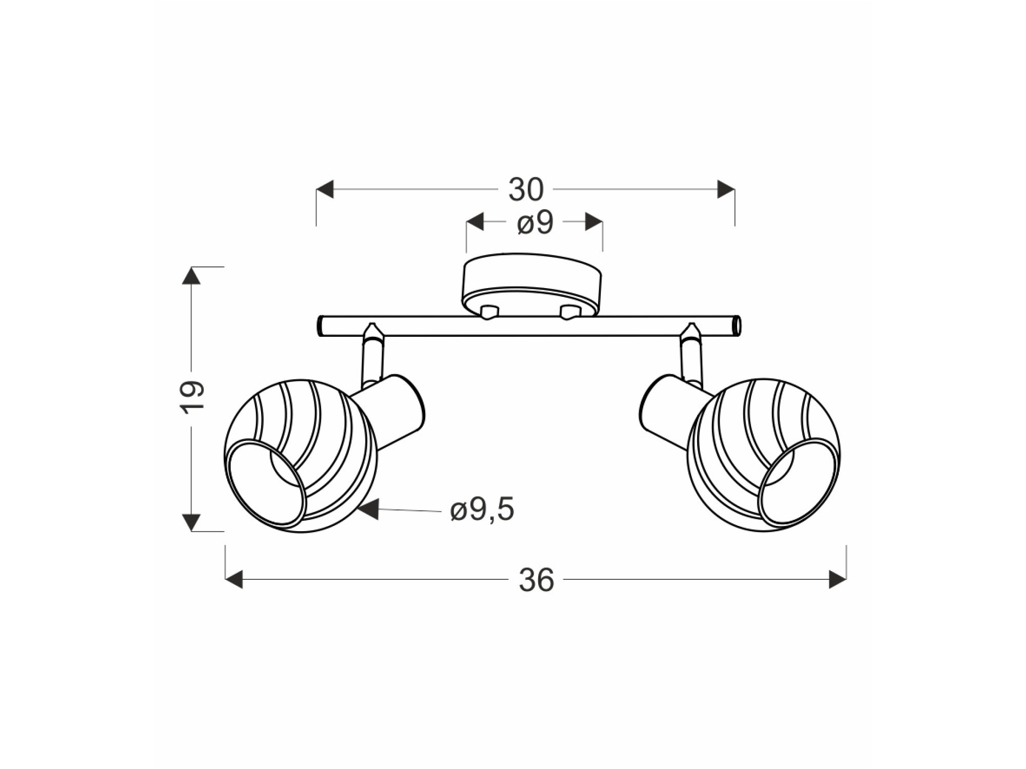 Lampa sufitowa Avemeta schemat wymiarowy 36 na 19 cm z dwoma kloszami
