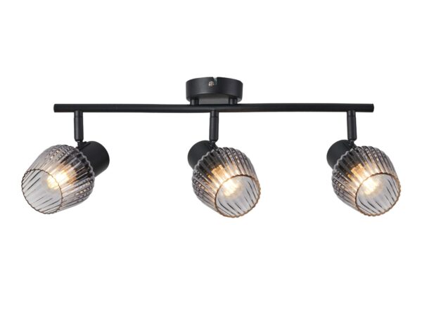 Lampa sufitowa Avitena czarna z trzema przydymionymi ryflowanymi kloszami
