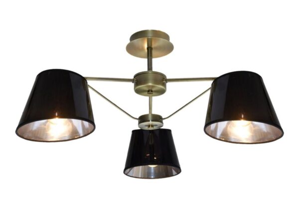 Lampa sufitowa Balada 3-punktowa w patynie z trzema czarnymi abażurami