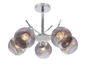 Miniaturka 2 - Lampa sufitowa Balodona z pięcioma grafitowymi ryflowanymi kloszami i chromowanym stelażem