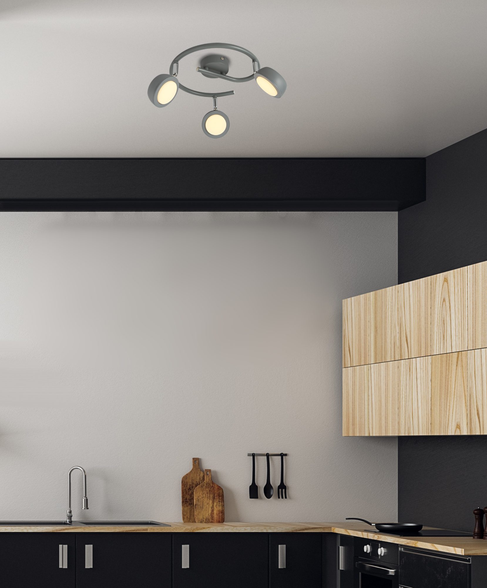 Spiralna lampa LED Belona zamontowana w kuchni z jasnym drewnem