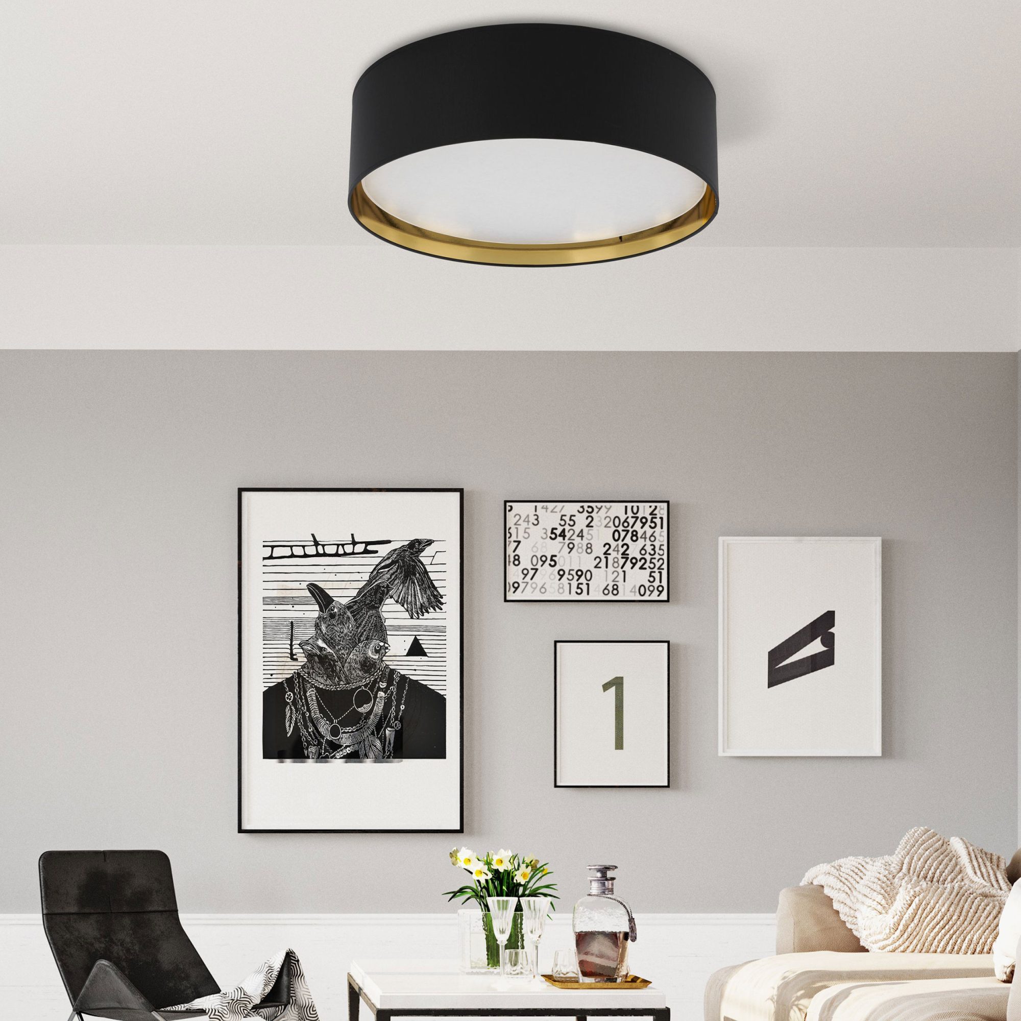 Czarno-złota lampa sufitowa Bilbao w aranżacji
