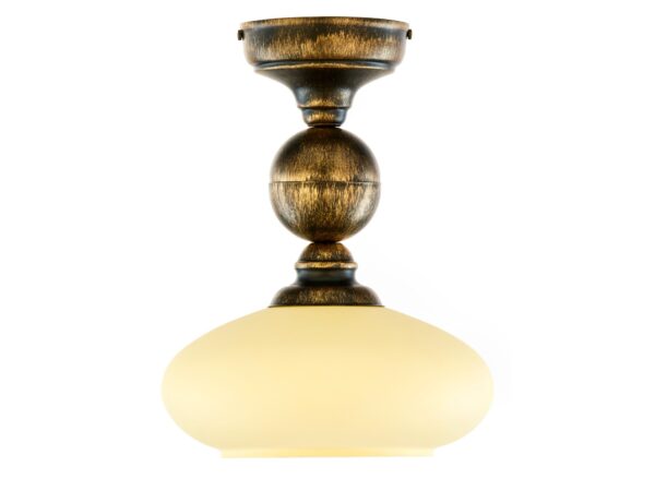 Lampa sufitowa Bolero – mleczny szklany klosz i czarno-złota patynowana podstawa