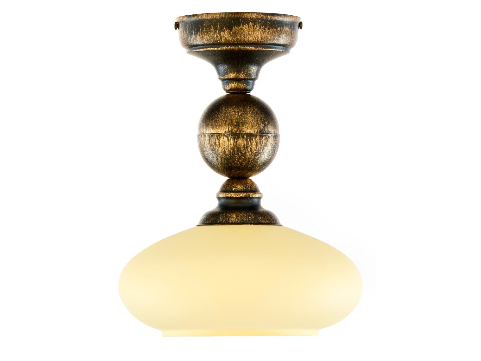 Lampa sufitowa Bolero – mleczny szklany klosz i czarno-złota patynowana podstawa