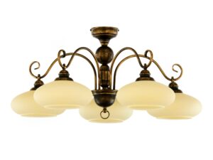 Miniaturka 4 - Lampa sufitowa Bolero, pięć jasnych szklanych kloszy i stalowy stelaż z patyną