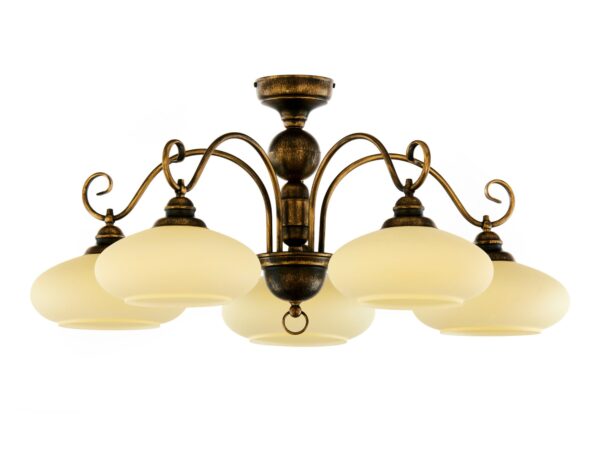 Lampa sufitowa Bolero, pięć jasnych szklanych kloszy i stalowy stelaż z patyną