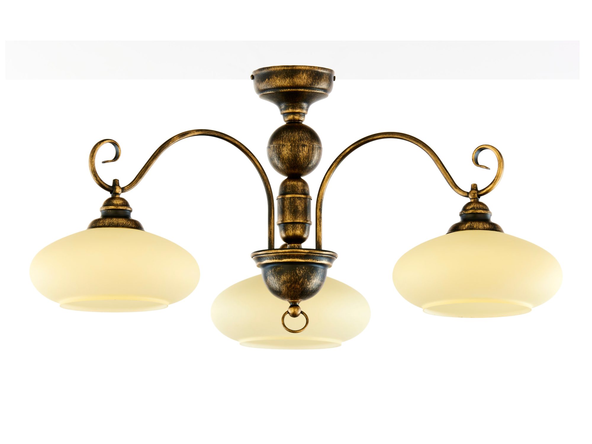 Lampa sufitowa Bolero z trzema jasnymi szklanymi kloszami, widok ogólny