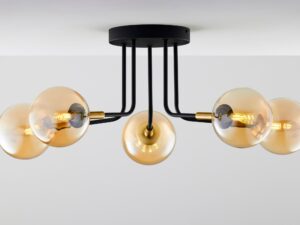Miniaturka 1 - Lampa sufitowa Burano 5-punktowa czarno-złota z bursztynowymi kulami